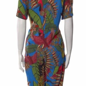 FARM Rio Blue Tropical Print Jumpsuit with Red & Green Accents